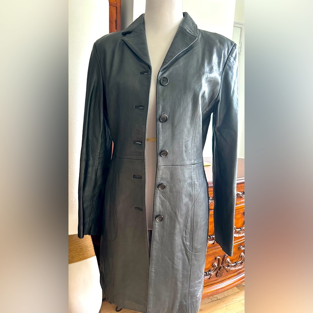 Gunmetal leather long jacket/trench coat